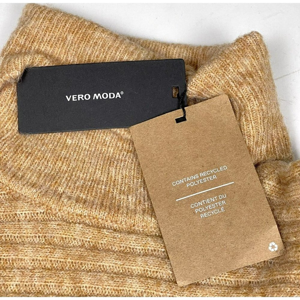 VERO MODA Womens XS Camel Horizontal Ribbed Rollneck SWEATER Bishop Sleeves NWT - Picture 8 of 8